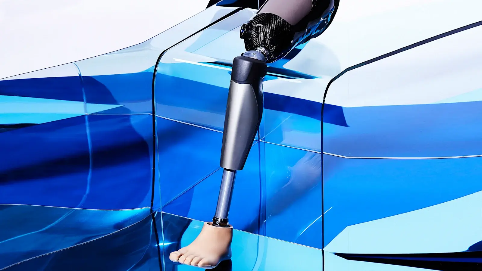 An Ottobock C-Leg prosthetic knee within a prosthetic leg on display