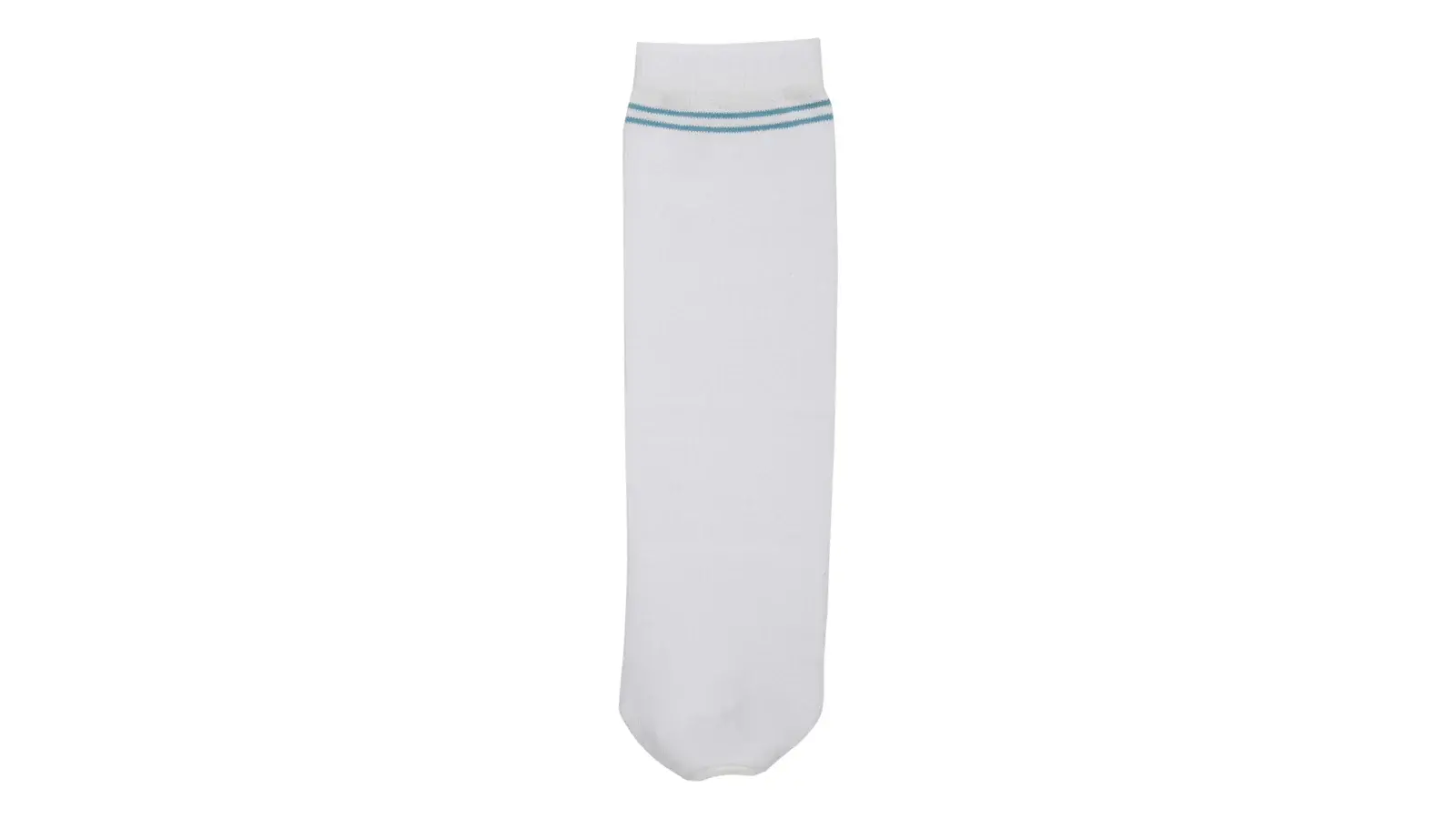 A white prosthetic sock with two turquoise bands near its opening