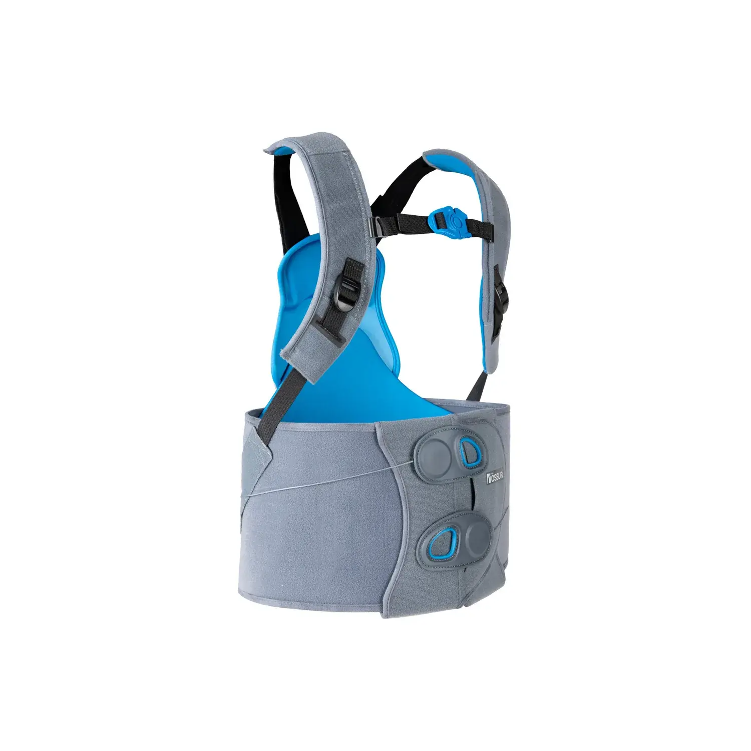 A thoracolumbosacral orthosis (TLSO) back brace with shoulder straps